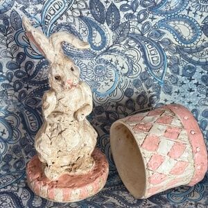 VINTAGE Trinket Box Rabbit Harlequin Drum 7-1/2"H Rustic Style Holiday